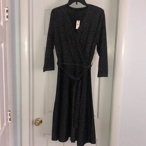 NWT Talbots metallic merino wool blend black shimmery wrap dress with tie Size L